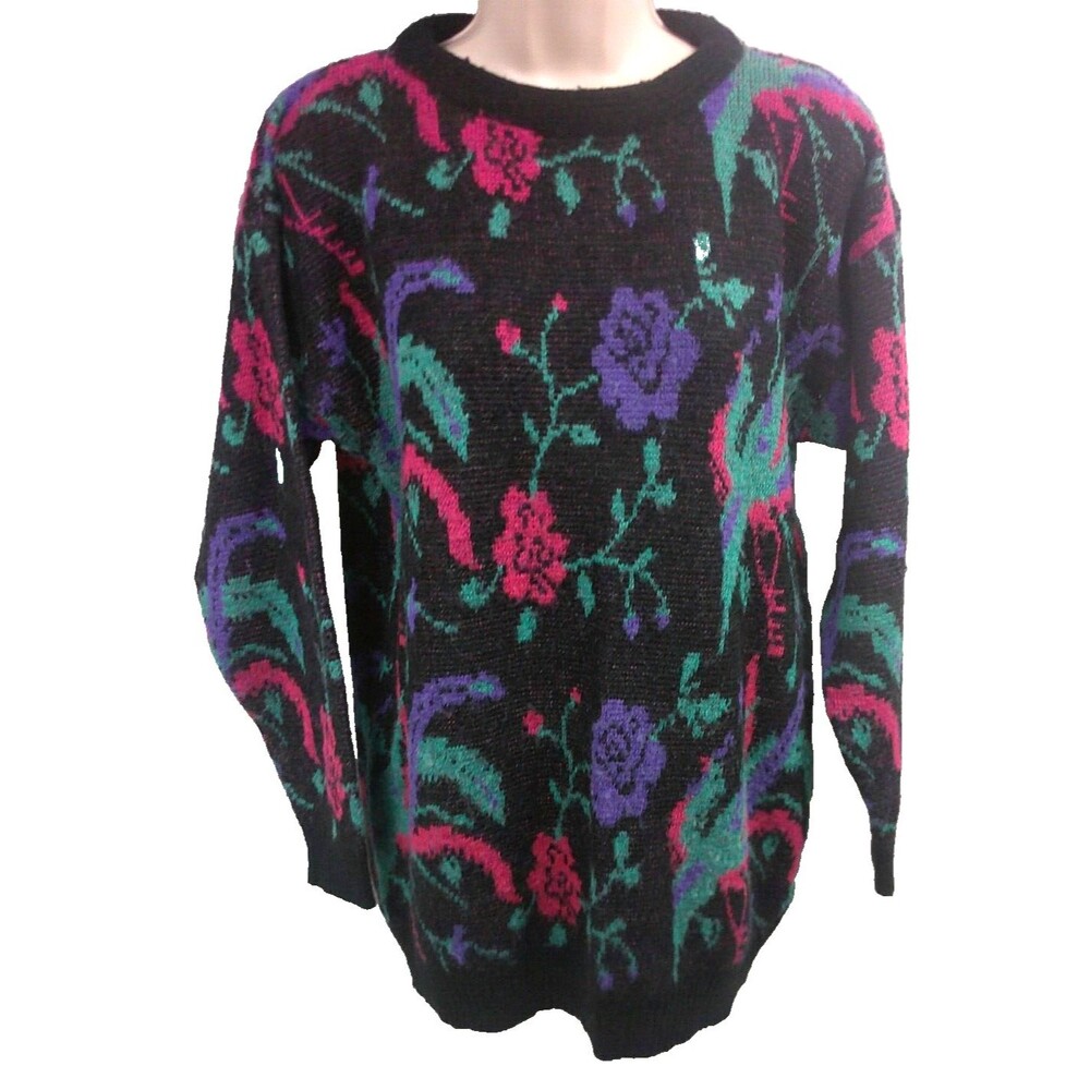 Vintage Jan Taylor Clothing Black Floral Sweater Women's Size Large